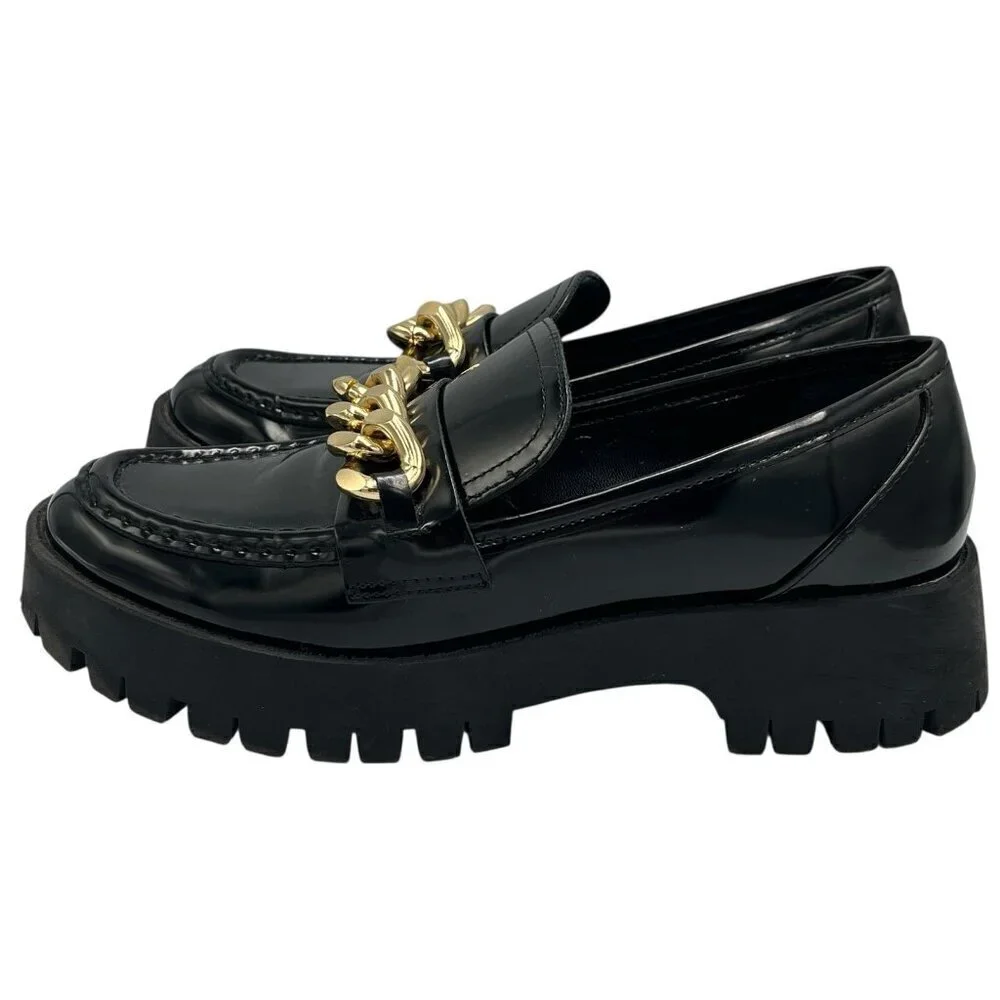 GUESS Womens 8.5 M Hillford Chunky Black Patent Leather Platform Loafer Lug Sole
